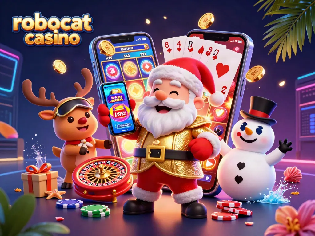 Play at robocat casino with a festive avatar duo enjoying slot wins and gaming excitement!