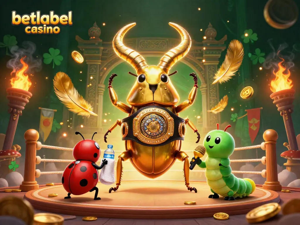 Experience the excitement at betlabel casino with an epic showdown of a golden stag beetle and tiny corner-man.