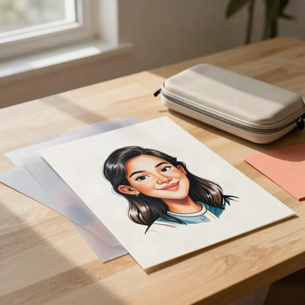 Caricatura digital impresa junto a tablet apagada, papeles de color y funda sobre mesa de madera clara