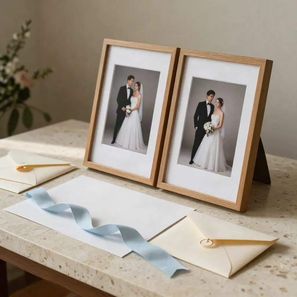 Láminas de boda enmarcadas sobre mesa de piedra, con sobres y cinta de lino azul.