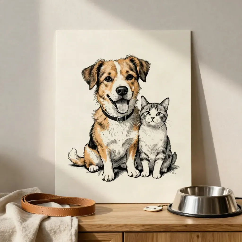 Retrato caricaturesco de perro y gato con correa, cuenco metálico y placa cerámica sobre fondo crema.