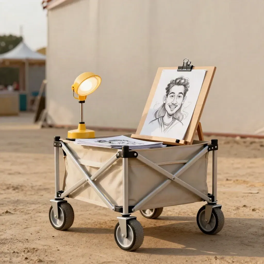 Carrito de feria con caballete y caricaturas terminadas al final de una jornada.
