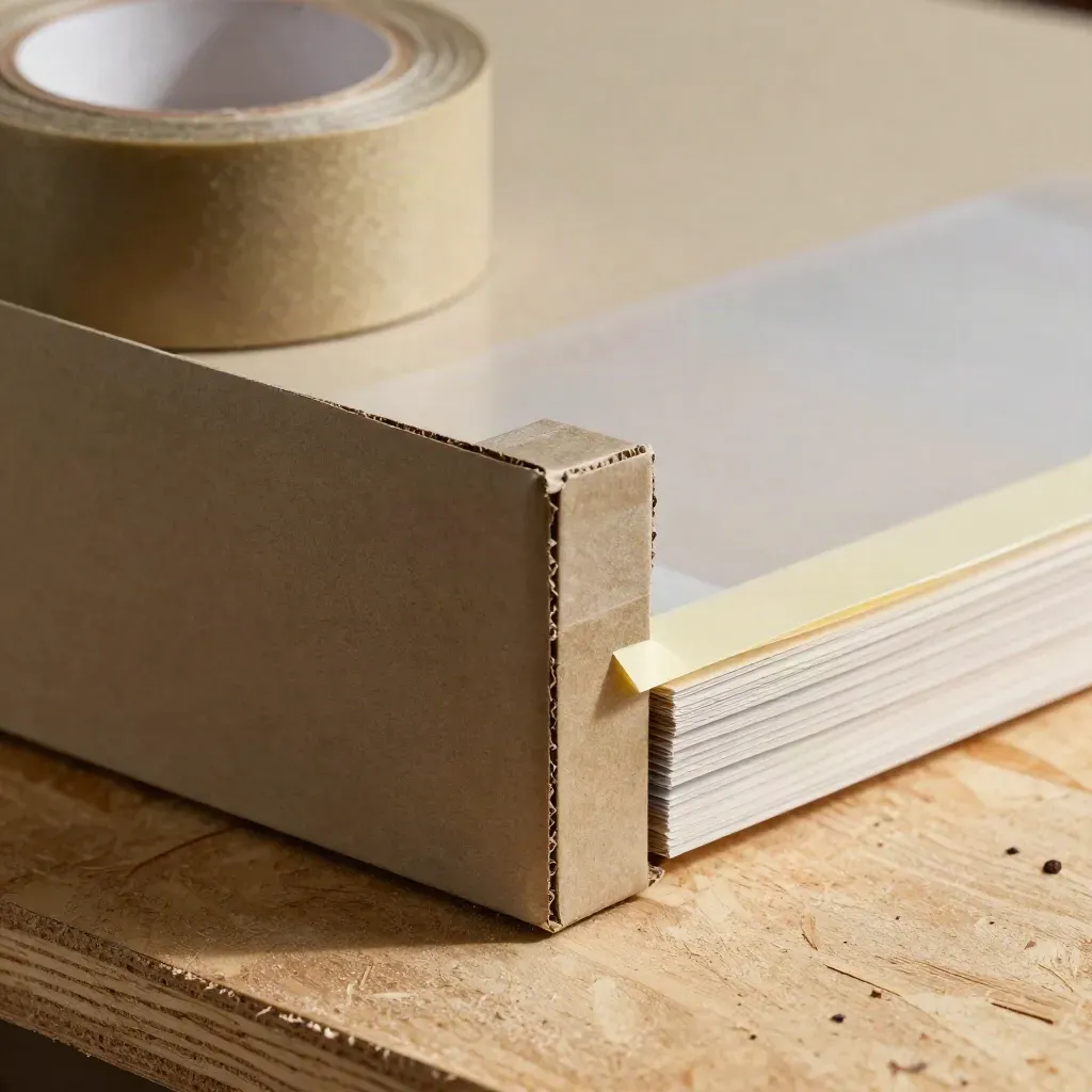 Paquete de entrega con protectores, cinta kraft y hojas de prueba sobre mesa de embalaje.
