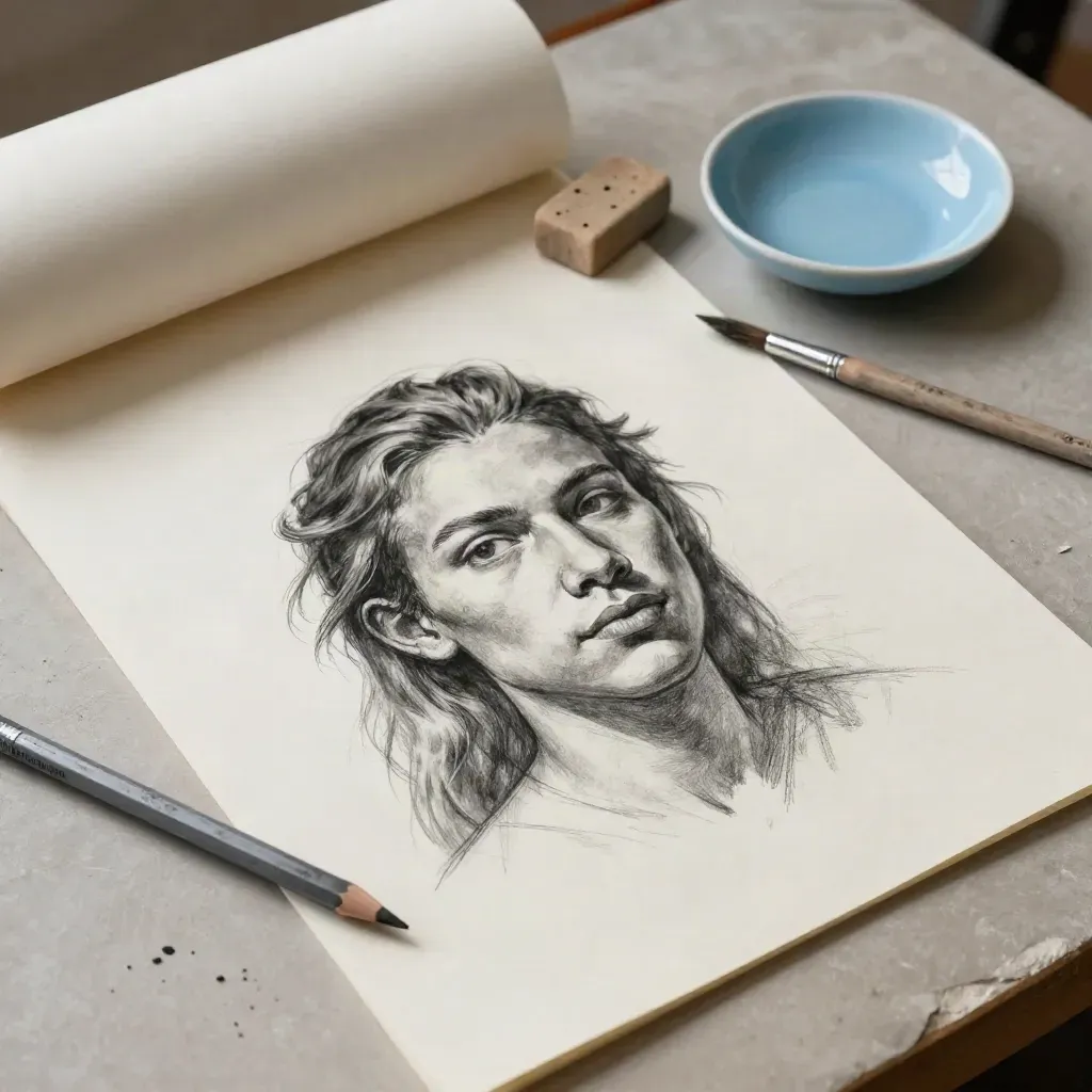 Hoja de algodón con dibujo en carbón, lápices gastados, goma y pincel sobre mesa clara.