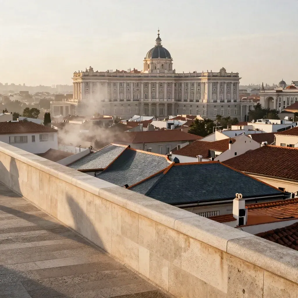 Vista aérea de Madrid al atardecer, Palacio Real y tejados de terracota entre bruma dorada.