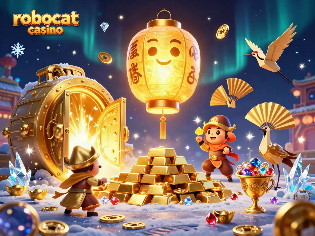 Experience the vibrant atmosphere of Robocat Casino with its golden lantern spirit and treasure.