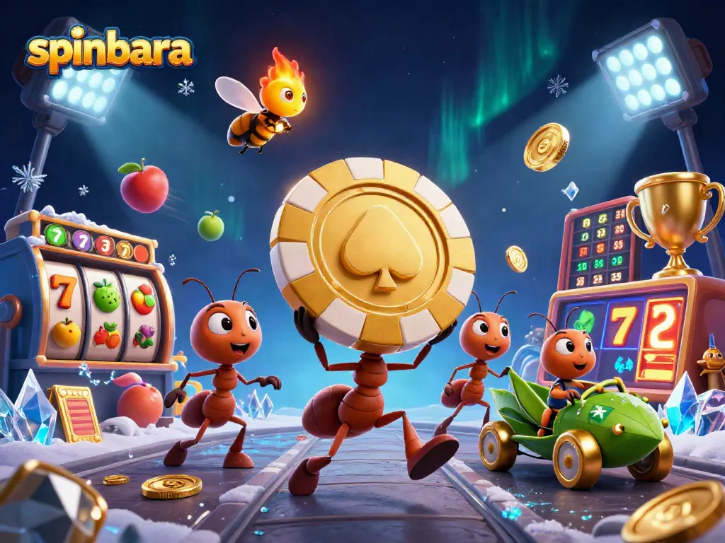 Spinbara's energetic heist featuring ants, golden chips, and slot elements in a dynamic scene.